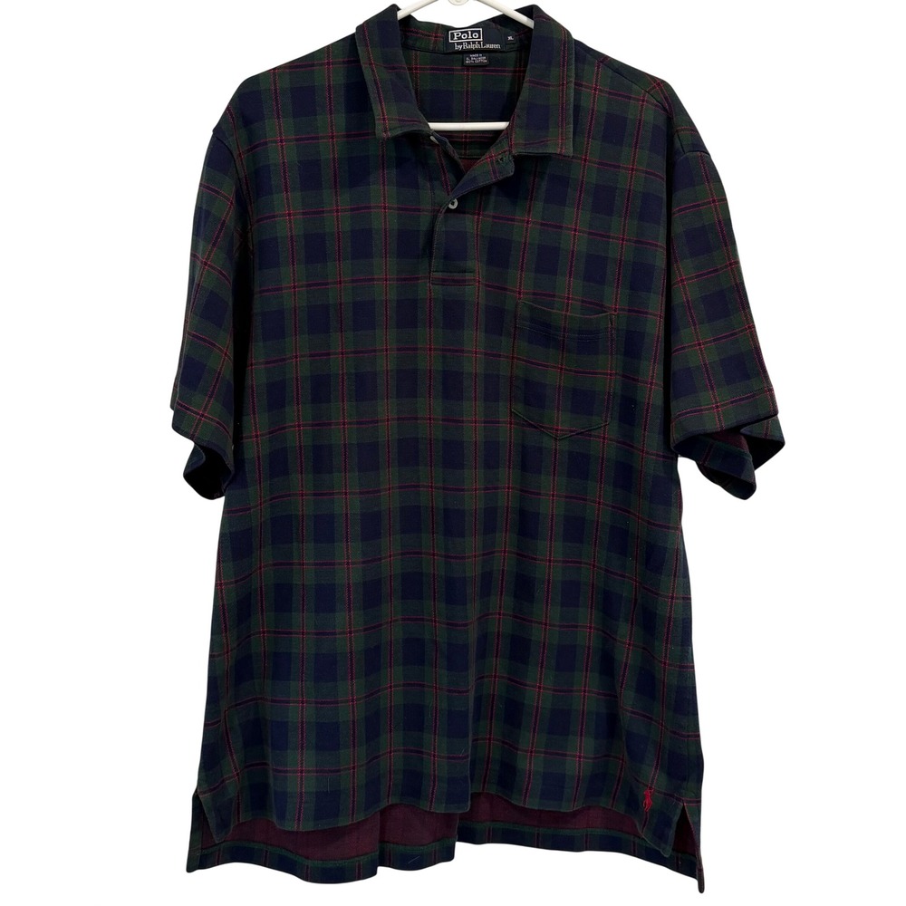Vintage Polo Ralph Lauren Men XL Plaid Short Sleeve Polo Shirt Navy Green Cotton